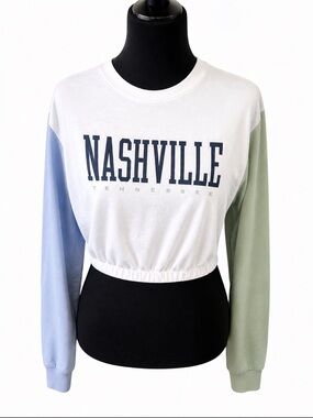 Hollister Nashville Cropped Long Sleeve Tee Colorblock Blue Green XS